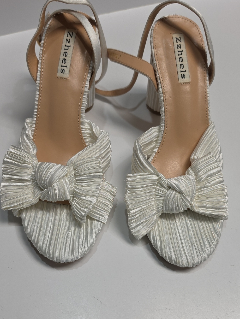 Zzheels Plissé Pleated Bow Knot Ankle Strap Block Heels - Bridal - Size 11